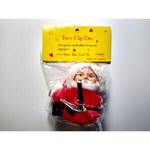 Santa Claus Furry Clip On Christmas Tree Ornament Vintage UNUSED On Header Card